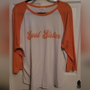 LuLaRoe Salmon and White Raglan Top
